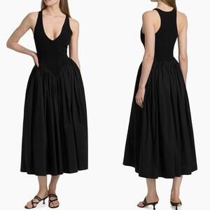 $648 Ronny Kobo Sirinda V-Neck Pleated Fit & Flare Dress w/ Knit Top- SMALL